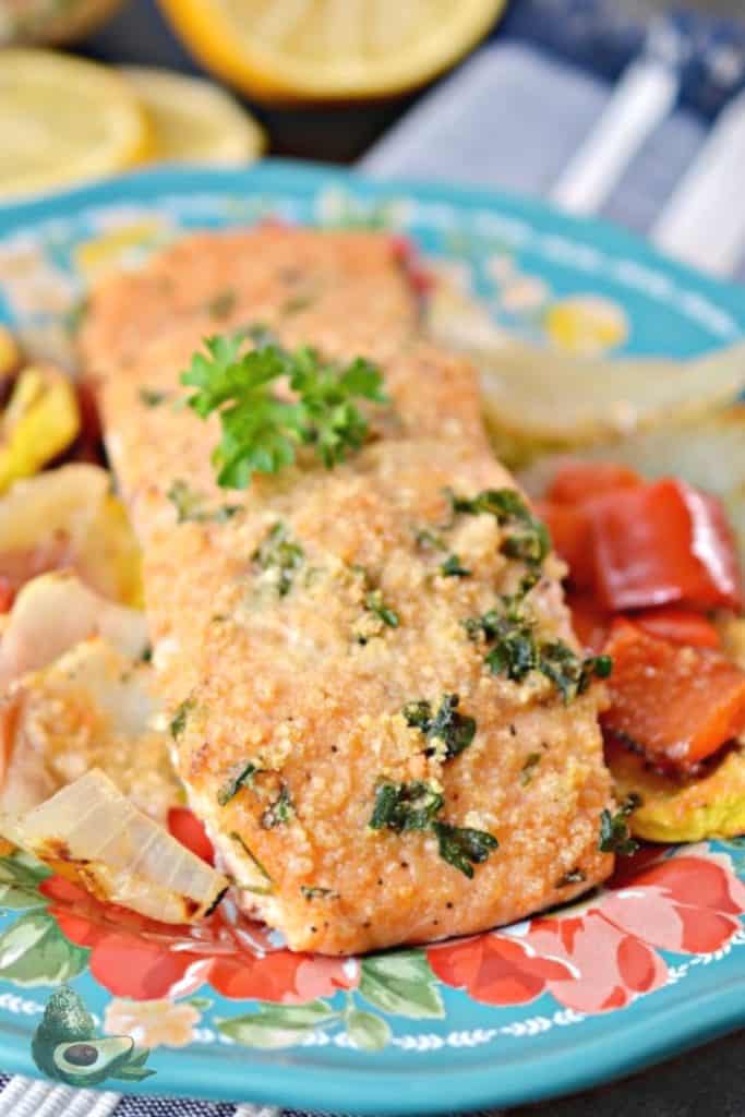 baked parmesan crusted salmon on colorful plate surrounded by vegetables